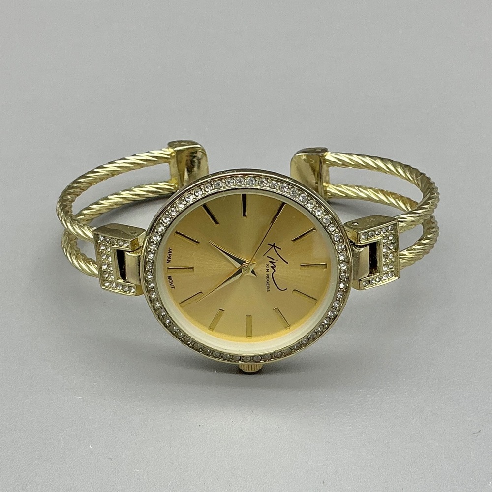 Kim Rogers Watch Women's Gold Tone Rhinestone Cable Cuff Quartz NEW BATTERY